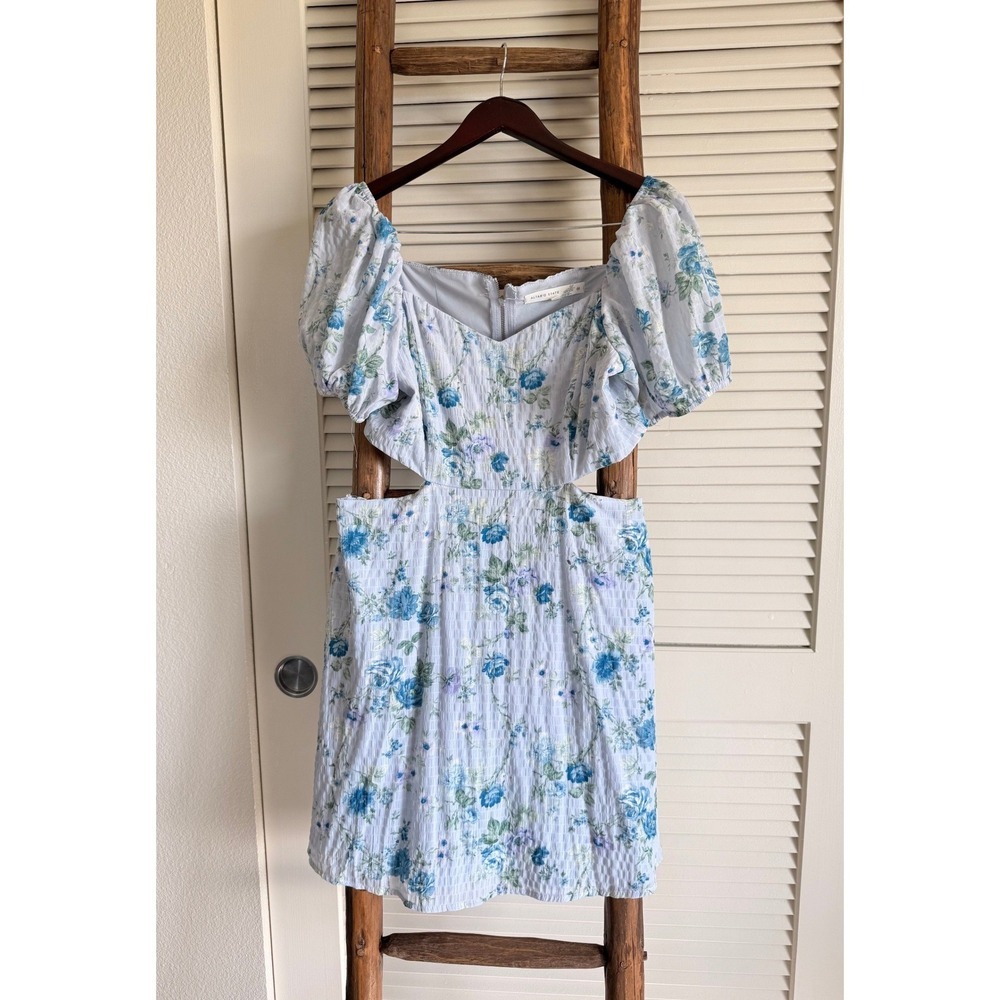 Altar State Light Blue Floral Puff Sleeve‎ Cut Out Mini Dress Size M